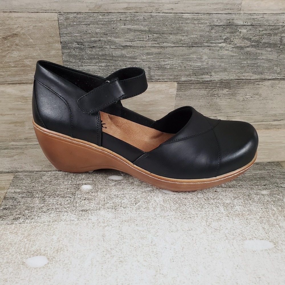 SoftWalk Miri Womens Wedge Platform Clog Sz 8.5 W Black Leather Ankle-Strap